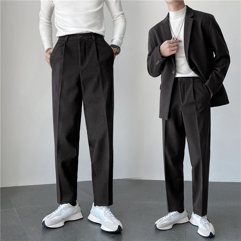 秋冬轻熟风ins宽松时尚呢料休闲西裤阔版纯色直筒长裤K25-P75，男装西裤，电商C308