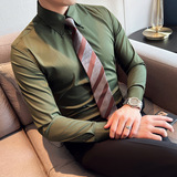 秋款大领衬衫男长袖薄款潮流帅气修身休闲立领纯色白衬衣C43-P68，男装衬衫，电商C308