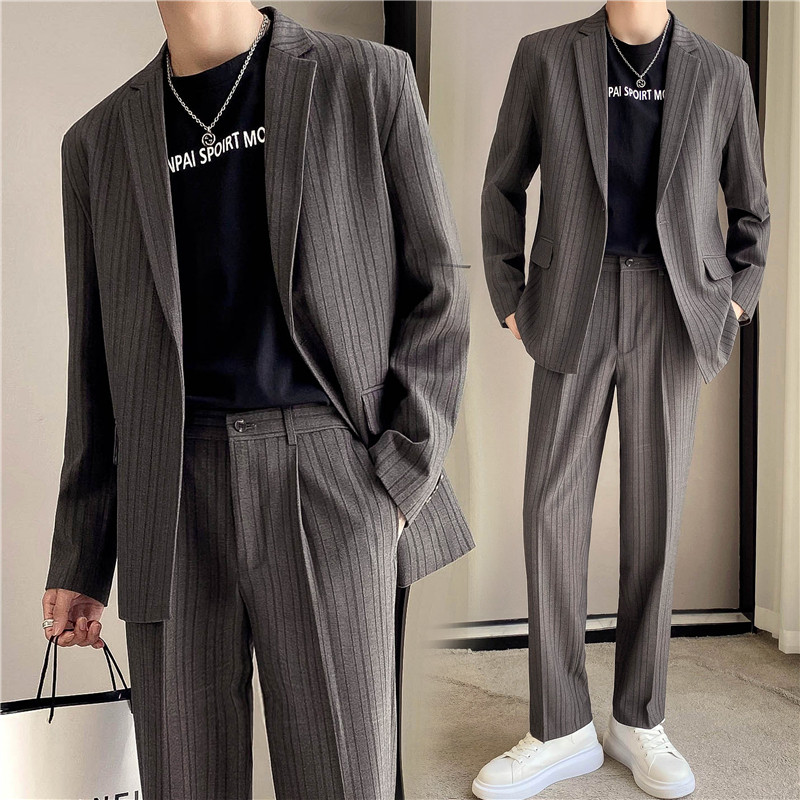 高质量男性西装轻熟风ins英伦宽松条纹休闲西服套装TZ23-P225，男装西服套装，电商C308