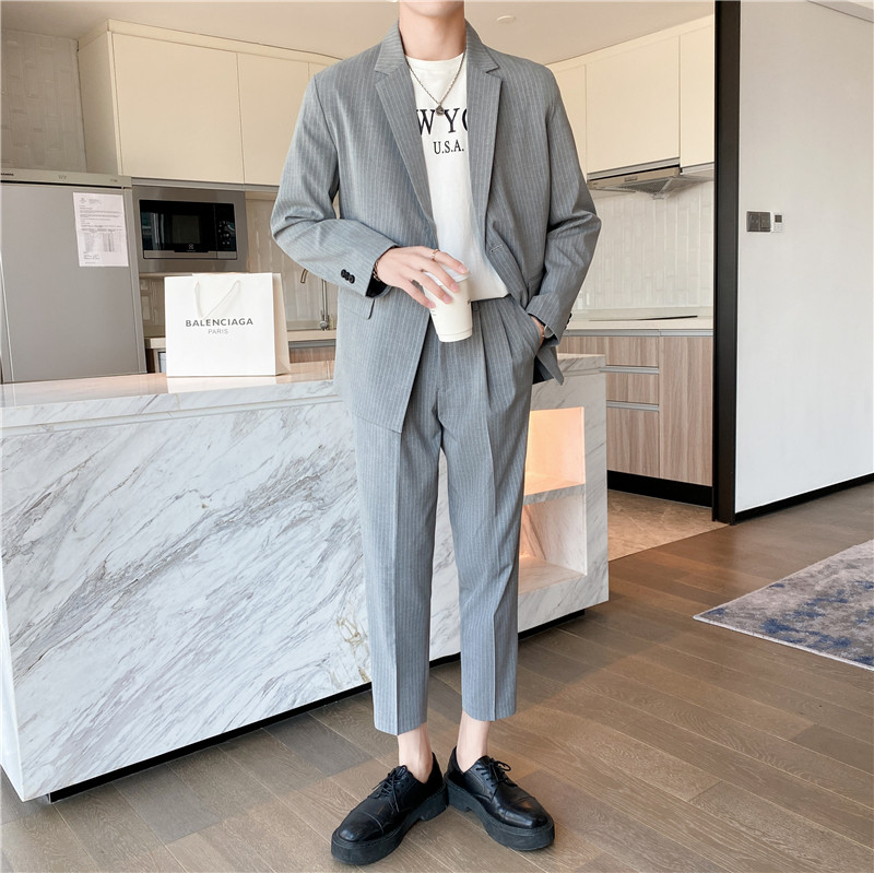 轻熟风英伦条纹微宽长袖西服九分西裤套装卡其色TZ14-P215,男装西服,电商C308