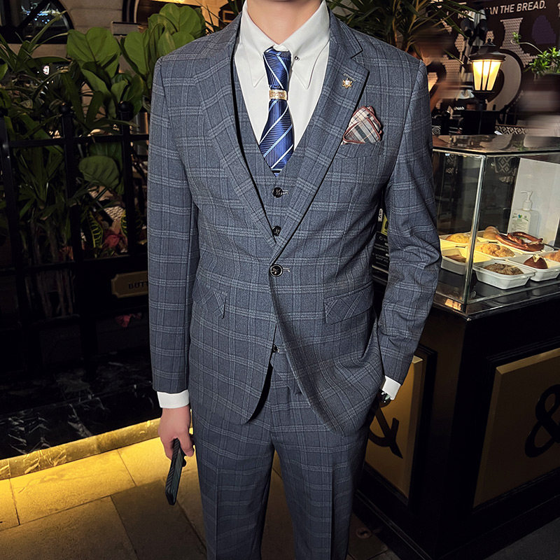 英伦韩版修身男士休闲格子西服三件套新郎伴郎套装蓝色SJT30-P295图片