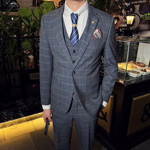 英伦韩版修身男士休闲格子西服三件套新郎伴郎套装蓝色SJT30-P295图片