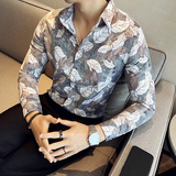 高级感修身花衬衫时尚衬衣男长袖衬衫质感潮流衬衫黑色C2025-P63，男装衬衫，电商C308