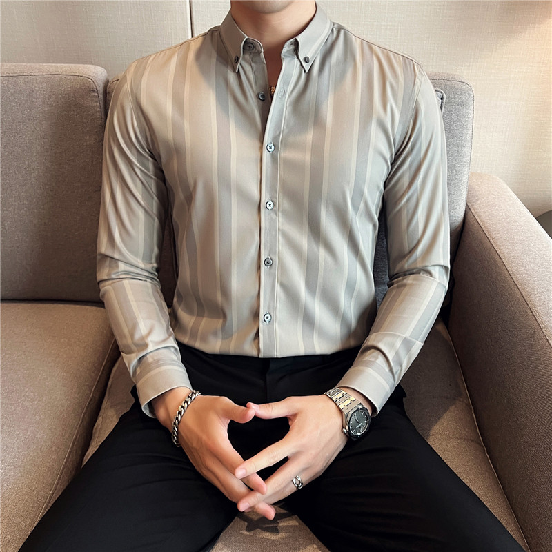 秋冬英伦宽条纹男士衬衣韩版修身长袖衬衫男C88266-P65，男装衬衫，电商C308