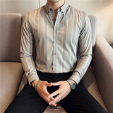 秋冬英伦宽条纹男士衬衣韩版修身长袖衬衫男C88266-P65，男装衬衫，电商C308