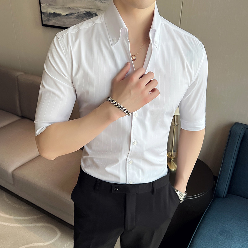 雅痞个性青年条纹V领衬衫中袖帅气修身休闲立领痞帅男衬衣C03-P68,男装衬衫,电商C308