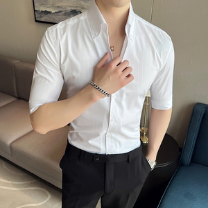 雅痞个性青年条纹V领衬衫中袖帅气修身休闲立领痞帅男衬衣C03-P68图片