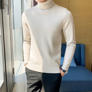 秋冬韩版高领修身打底衫翻领套头纯色针织衫毛衣潮男杏色 MY2-P45图片