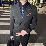 韩版修身男士双排扣条纹西服二件套新郎伴郎套装咖啡色LJT29-P220，男装西服，电商C308