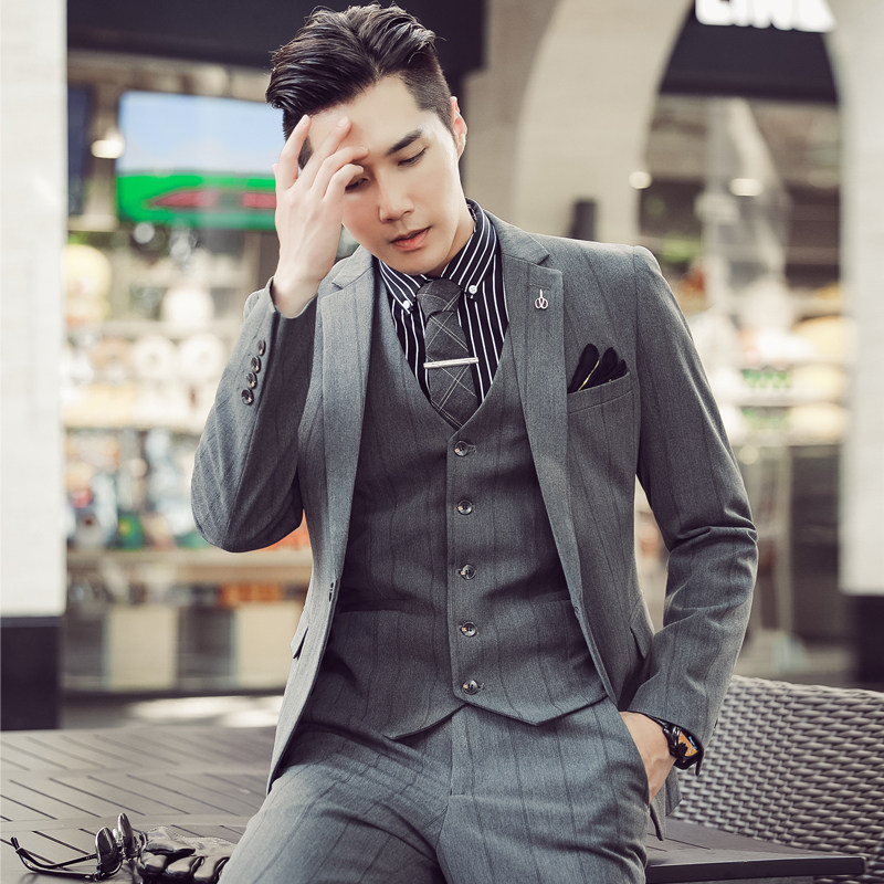 20秋冬新款韩风修身条纹男士西服三件套装TZ140-P285，男装西服，电商C308