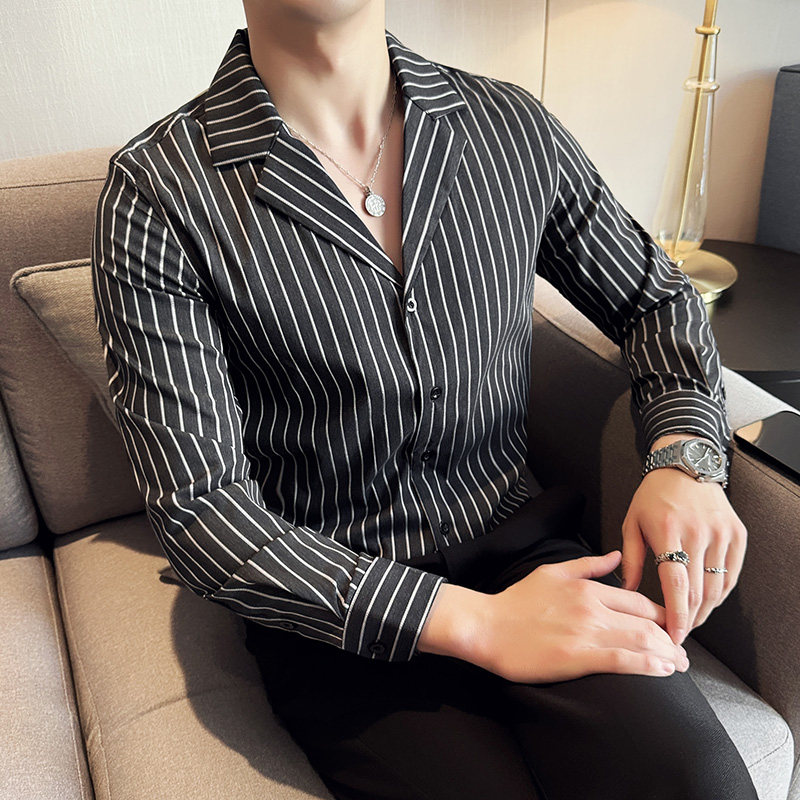秋冬款英伦经典条纹单排扣男士古巴领长袖衬衫C14-P65,男装衬衫,电商C308