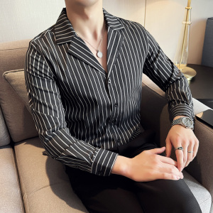 秋冬款英伦经典条纹单排扣男士古巴领长袖衬衫C14-P65图片