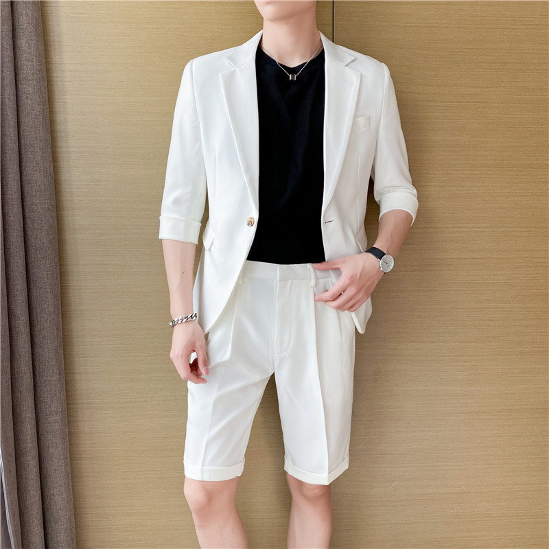 痞帅高级感休闲纯色中袖男士西服+英伦时尚短西裤套装TZ04-P210,男装西服,电商C308