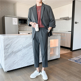 春夏款轻熟风英伦纯色阔版中袖西服九分裤套装绿色TZ15-P195，男装西服，电商C308