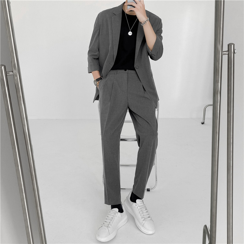 23夏款轻熟风英伦纯色宽松中袖西服+阔版九分裤套装TZ15-P195，男装西服，电商C308