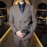 韩版修身男士双排扣条纹西服三件套新郎伴郎套装咖啡色SJT29-P280，男装西服，电商C308