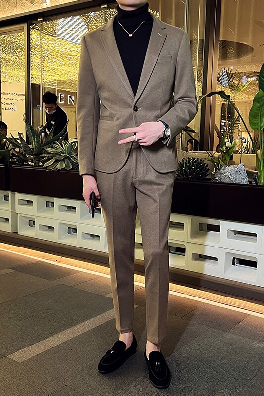 秋冬英伦韩版修身男士商务休闲一粒扣呢料西服套装灰色LJT33-P220,男装西服套装,电商C308