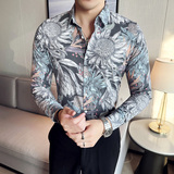 高级感修身花衬衫时尚衬衣男长袖衬衫质感潮流衬衫黑色C2020-P63，男装衬衫，电商C308