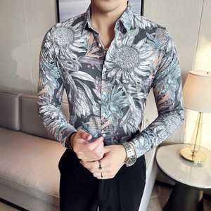 高级感修身花衬衫时尚衬衣男长袖衬衫质感潮流衬衫黑色C2020-P63图片