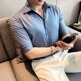 雅痞个性青年一字V领衬衫中袖帅气修身休闲立领痞帅衬衣男C01-P60，男装衬衫，电商C308