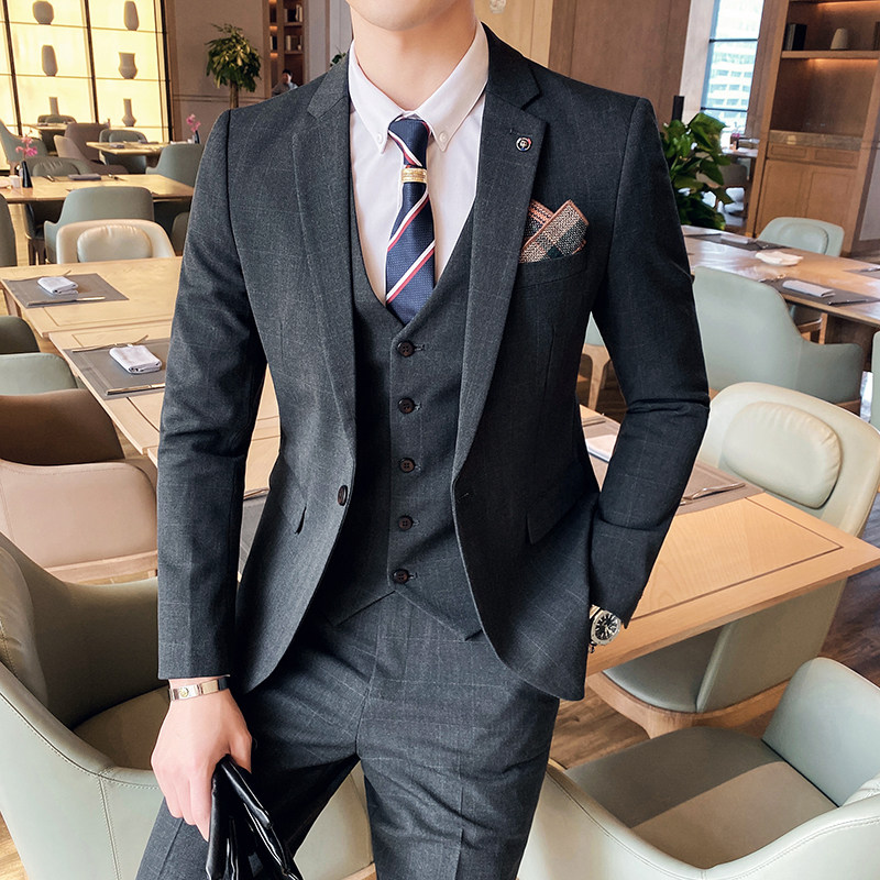 20秋冬款英伦韩风修身男士时尚休闲格子西服三件套SJT959-P295,男装西服,电商C308