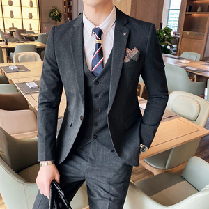 20秋冬款 英伦韩风修身男士时尚休闲格子西服三件套 SJT959-P295图片