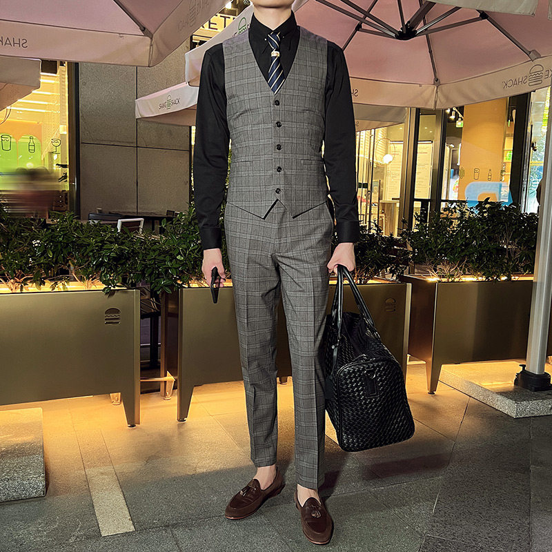 英伦商务韩版修身格子V领男士马甲新郎伴郎小马甲蓝色MJ30-P65,男装背心/马甲,电商C308