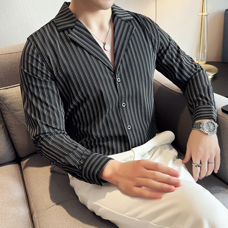 秋冬款英伦经典条纹单排扣男士古巴领长袖衬衫C13-P65,男装衬衫,电商C308