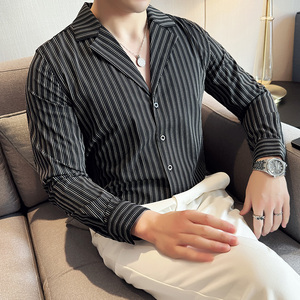 秋冬款古巴领英伦经典条纹单排扣男士长袖衬衫C13-P65图片
