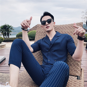 23春夏款 英伦条纹中袖双排扣衬衫+九分裤套装LJT238-P135，男装衬衫，电商C308