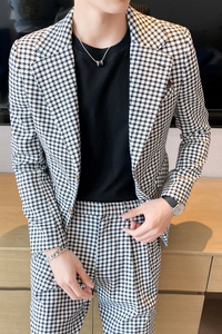 高级感千鸟格休闲小西服男外套 韩版修身英伦痞帅单西装X06-P155图片