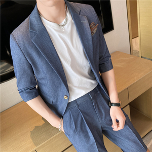 痞帅高级感纯色中袖男士休闲西服+英伦时尚青年短裤套装TZ04-P210图片