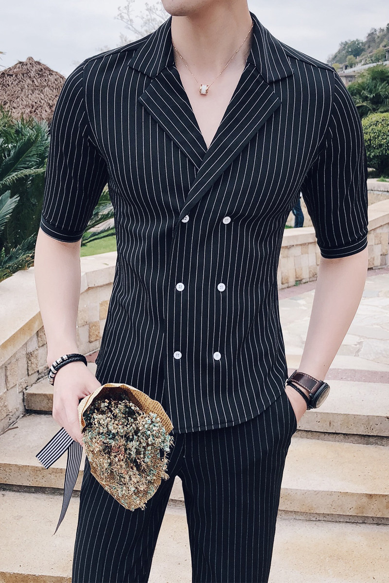 19夏季新款英伦条纹中袖双排扣西装+条纹九分裤套装男TZ47-P135,男装T恤,电商C308