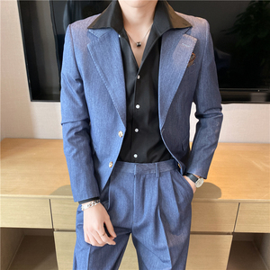 痞帅高级感纯色休闲二粒扣西服+英伦时尚九分西裤套装TZ05-P225图片
