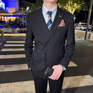 韩版修身男士双排扣条纹西服三件套新郎伴郎套装黑色SJT29-P280