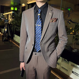 韩版修身男士一粒扣条纹西服二件套新郎伴郎套装黑色LJT28-P220，男装西服，电商C308