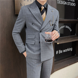 英伦修身男士双排扣格子西服三件套新郎伴郎礼服套装SJT920-P300，男装西服，电商C308