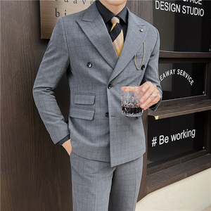 英伦修身男士双排扣格子西服三件套新郎伴郎礼服套装SJT920-P300图片