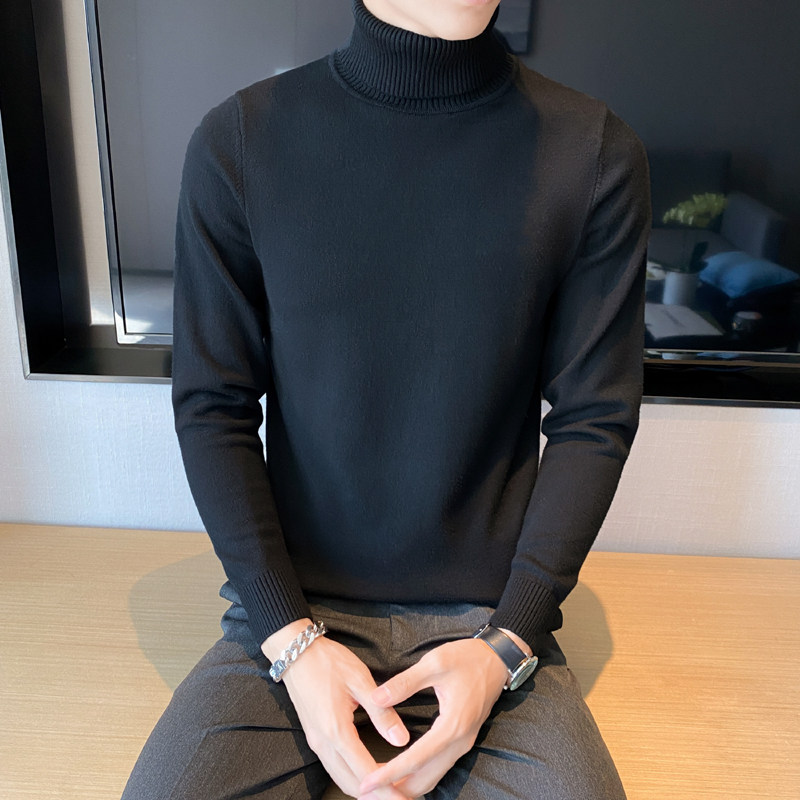 秋冬韩版高领修身打底衫翻领套头纯色针织衫毛衣潮男黑色MY2-P45,男装T恤,电商C308