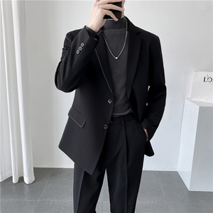 轻熟风ins英伦纯色西服套装阔版宽松休闲小西装TZ27压线-P225,海蓝色鞋怎么搭配男图片