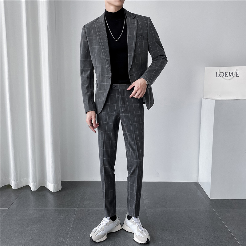 轻熟风ins韩版修身男士休闲一粒扣格子西服套装LJT905-P220,男装西服套装,电商C308