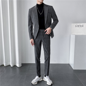轻熟风ins韩版修身男士休闲一粒扣格子西服套装LJT905-P220图片