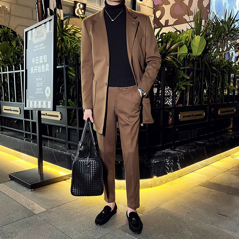 秋冬英伦韩版修身男士休闲中长款呢料西服套装咖啡色LJT34-P235，男装西服套装，电商C308