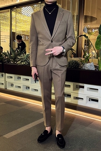 秋冬英伦韩版修身男士休闲一粒扣呢料西服套装咖啡色LJT33-P220图片