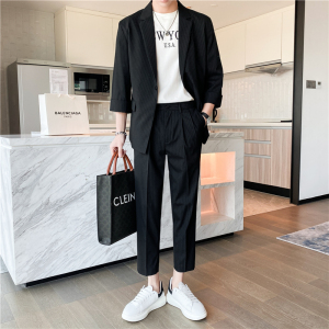 轻熟风微宽英伦条纹中袖西服  九分裤套装 卡其色TZ13-P195图片