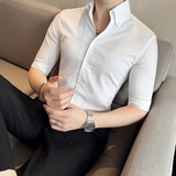 雅痞青年个性V领衬衫中袖男帅气修身休闲立领痞帅衬衣C06-P68，男装衬衫，电商C308