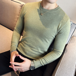 秋冬韩版圆领修身打底衫套头纯色针织衫精致毛衣花草绿B5551-P45，男装T恤，电商C308