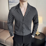 秋冬款古巴领英伦经典条纹单排扣男士长袖衬衫C14-P65，男装衬衫，电商C308