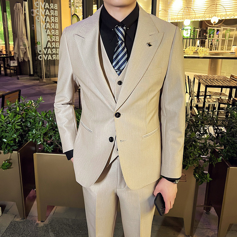 英伦韩版修身男士休闲商务二粒扣西服三件套装米白色SJT889-P290，男装西服，电商C308