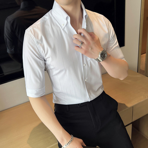 雅痞青年个性V领衬衫中袖男帅气修身虚线休闲立领痞帅衬衣C05-P68图片